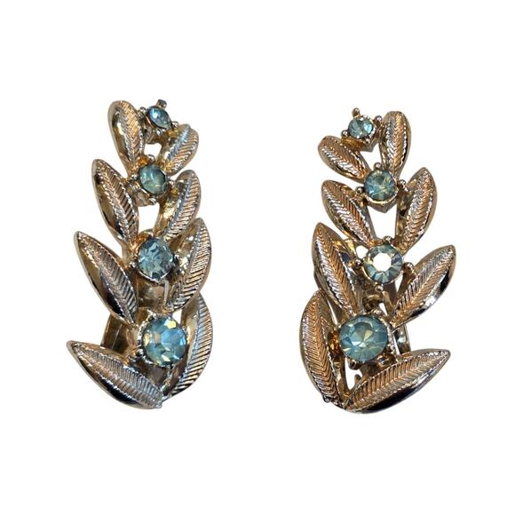 Vintage Gold Tone Leaf Clip-On Earrings With Light Blue Rhinestones - Picture 1 of 11